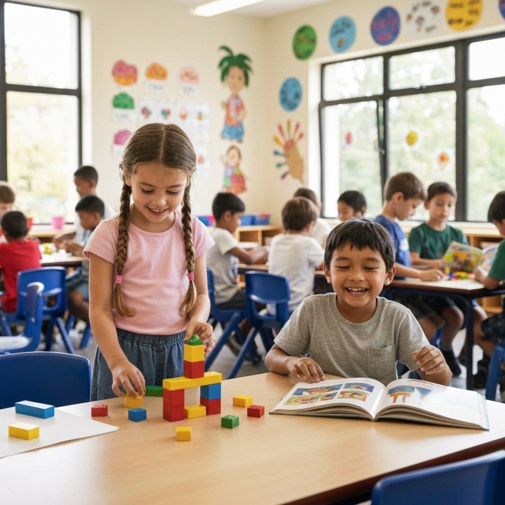 Crianças brincando em sala de aula colorida