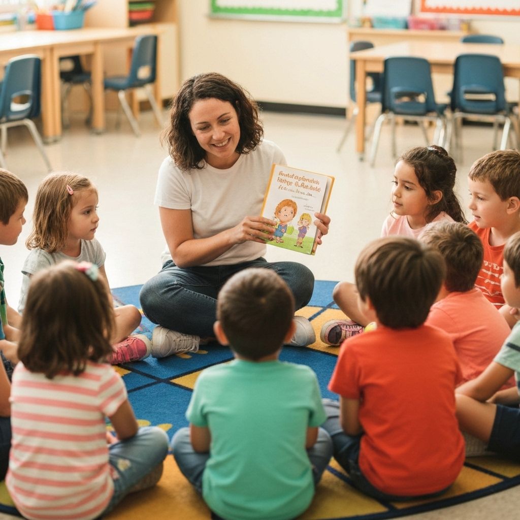 Professora lendo para crianças em círculo